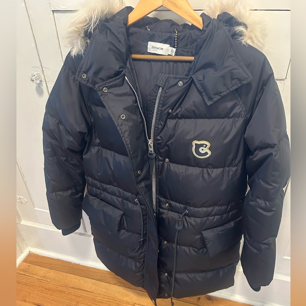 COACH Black Puffer Coat with Fur Trim - Picture 4 of 6